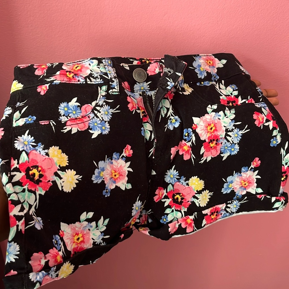 Multicolored flower black stitched jean shorts from Authentic American Heritage